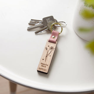 Single Birth Flower Engraved Wooden Keyring