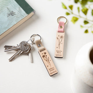 Single Birth Flower Engraved Wooden Keyring