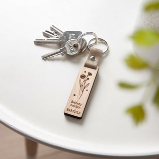 Single Birth Flower Engraved Wooden Keyring