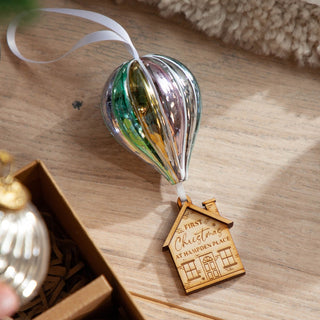 Glass Hot Air Balloon with Wooden House Christmas Decoration