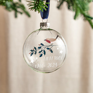 Memorial Robin Design Glass Bauble