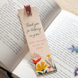 Floral Border Thank You Teacher Leather Bookmark