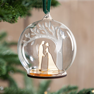 Metallic Couple's Silhouette & Frosted Tree Personalised Christmas Bauble