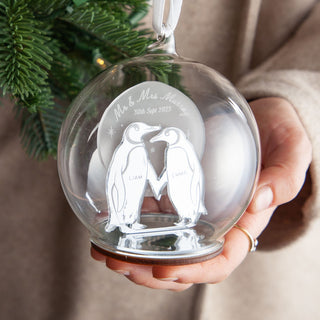 Metallic Mirror Personalised Couples Penguin Bauble