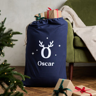 Antlers Initial Personalised Red or Navy Christmas Sack