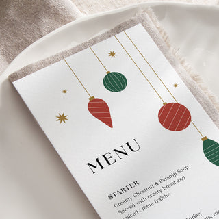 Striped Baubles Christmas Dinner Menu Cards