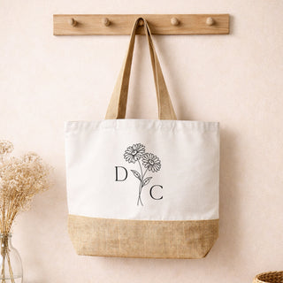 Personalised Birth Flower Initials Canvas Tote Bag