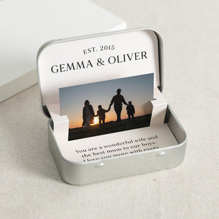 Minimal Font Anniversary Photo Card Keepsake Tin
