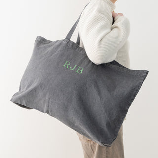 Embroidered Initials Oversized Washed Tote Bag