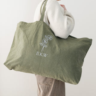 Embroidered Birth Flower Oversized Washed Tote Bag