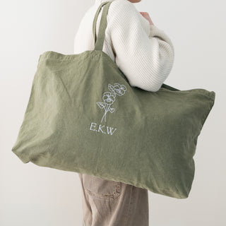 Embroidered Birth Flower Oversized Washed Tote Bag
