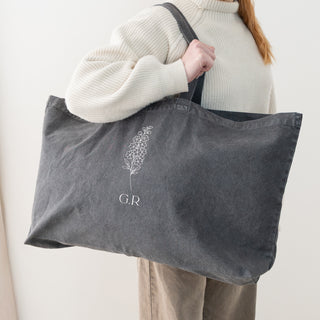 Embroidered Birth Flower Oversized Washed Tote Bag