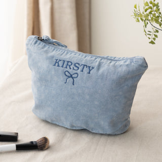 Embroidered Bow Design Washed Finish Makeup Bag