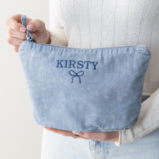 Embroidered Bow Design Washed Finish Makeup Bag