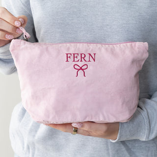 Embroidered Bow Design Washed Finish Makeup Bag