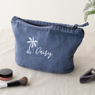 Embroidered Palm Tree Design Washed Finish Travel Pouch