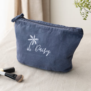 Embroidered Palm Tree Design Washed Finish Travel Pouch