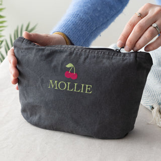 Embroidered Fruity Design Washed Finish Makeup Bag