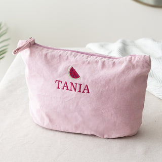 Embroidered Fruity Design Washed Finish Makeup Bag