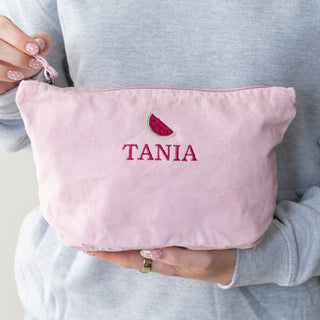 Embroidered Fruity Design Washed Finish Makeup Bag