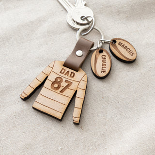 Daddy’s Team Wooden Rugby Shirt Keyring with Charms