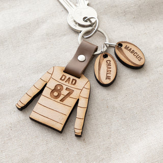 Daddy’s Team Wooden Rugby Shirt Keyring with Charms