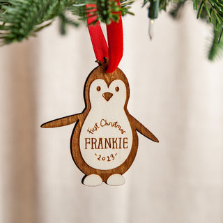 Personalised First Christmas Wooden Penguin Decoration