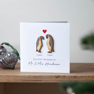 Wooden Penguin Couple Christmas Keepsake Card