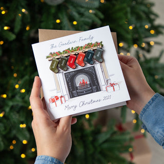 Family Stockings on Fireplace Christmas Keepsake Card