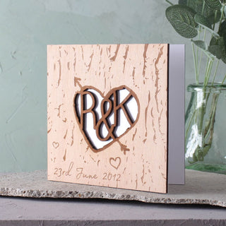 Wooden Anniversary Tree Carved Heart And Arrow Card