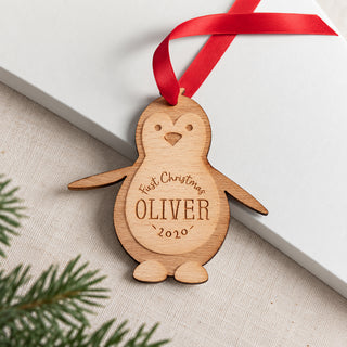 Personalised First Christmas Wooden Penguin Decoration