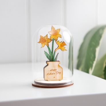 Wooden Daffodils in Glass Dome