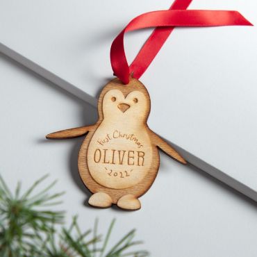 Personalised First Christmas Wooden Penguin Decoration