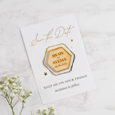 Hexagonal Magnet with Stars Foiled Save the Date Card