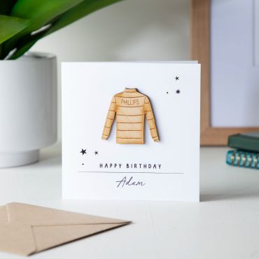 Wooden Rugby Shirt Personalised Birthday Card