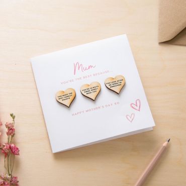 Mother's Day 3 Reasons Wooden Hearts Keepsake Card