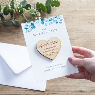 Blue Eucalyptus Heart-Shaped Magnet Save the Date