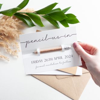 White Printed Minimal Script 'Pencil Us In' Save the Date