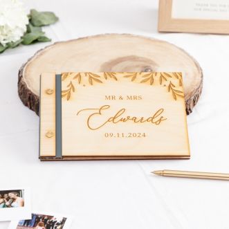 Gold Leaves Wooden Wedding Guest Book