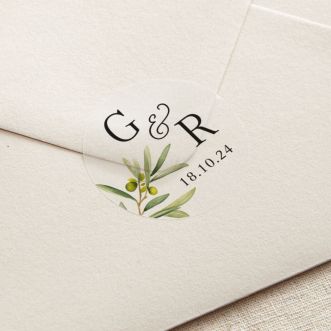 Olive Initials & Date Printed Wedding Stickers