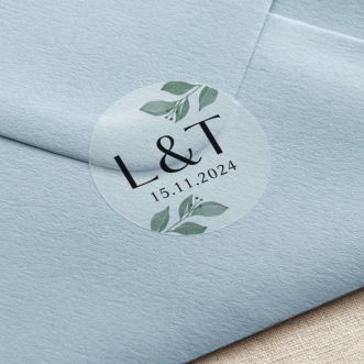 Watercolour Leaves Initials & Date Printed Wedding Stickers