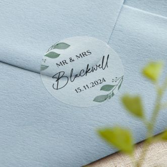 Watercolour Leaves Custom Text Printed Wedding Stickers