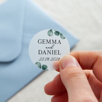 Blue Eucalyptus Names & Date Printed Wedding Stickers