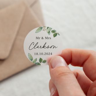 Green Eucalyptus Custom Text Printed Wedding Stickers