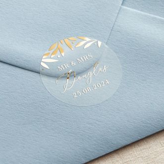 Gold Leaves Custom Text Foiled Wedding Stickers