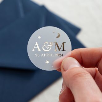 Moon & Stars Initials & Date Foiled Wedding Stickers