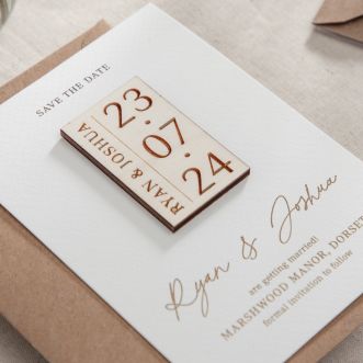 Foiled White 'Autograph' Save the Date with Bold Date Magnet