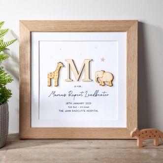 Wooden Initial and Safari Animals Baby Details Square Print