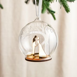 Metallic Couple's Silhouette & Frosted Tree Personalised Christmas Bauble