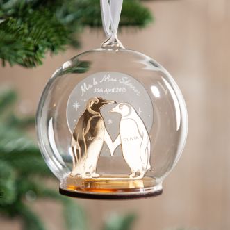 Metallic Mirror Personalised Couples Penguin Bauble